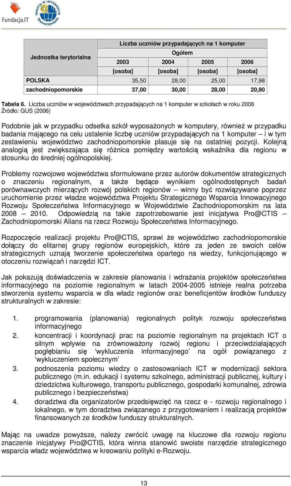 Liczba uczniów w województwach przypadających na 1 komputer w szkołach w roku 2006 Źródło: GUS (2006) Podobnie jak w przypadku odsetka szkół wyposaŝonych w komputery, równieŝ w przypadku badania