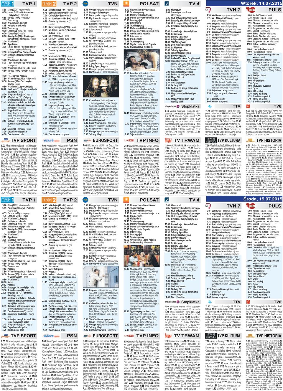 50 Uroczystość św. Piotra i Pawła 14.00 Miłość nad rozlewiskiem (9) 15.00 Wiadomości, Pogoda 15.20 Teo - ria smaku Teo Vafidisa (12) - magazyn 15.50 Wspaniałe stulecie (43) 16.