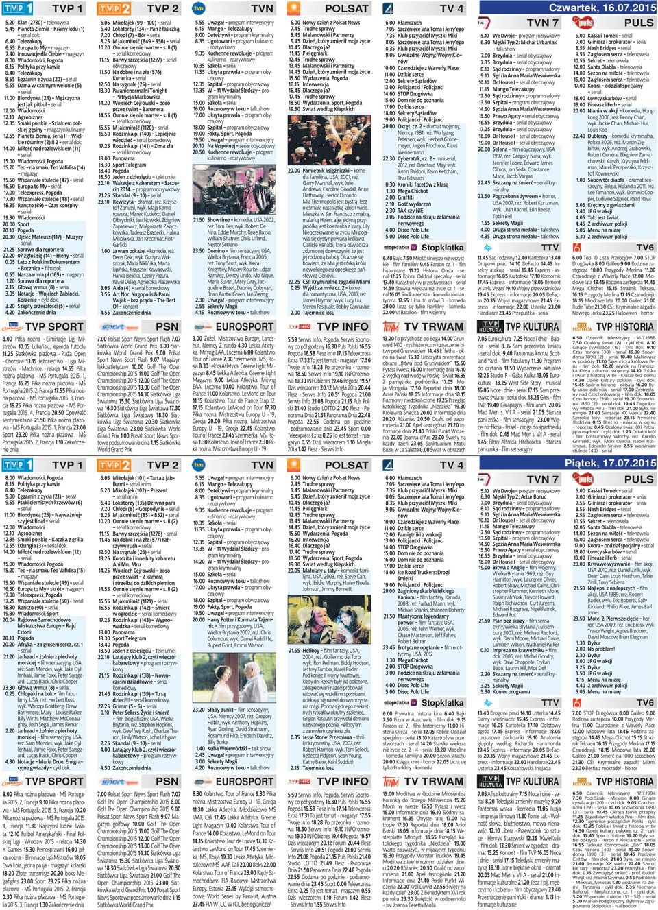 35 Smaki polskie - Szlakiem polskiej gęsiny - magazyn kulinarny 12.55 Planeta Ziemia, seria II - Wielkie równiny (2) II 2 dok. 14.00 Miłość nad rozlewiskiem (11) 15.00 Wiadomości, Pogoda 15.