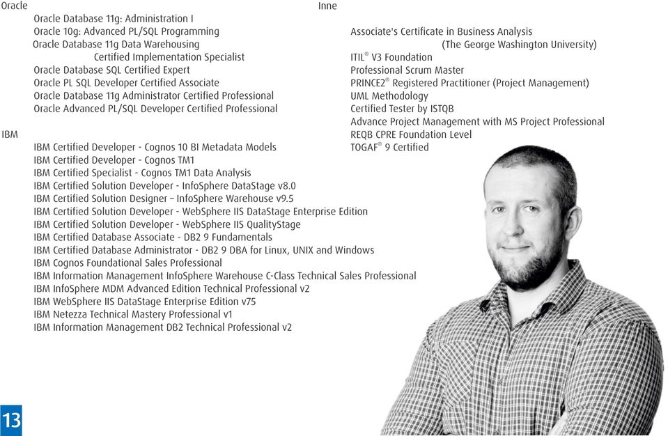 Analysis (The George Washington University) ITIL V3 Foundation Professional Scrum Master PRINCE2 Registered Practitioner (Project Management) UML Methodology Certified Tester by ISTQB Advance Project