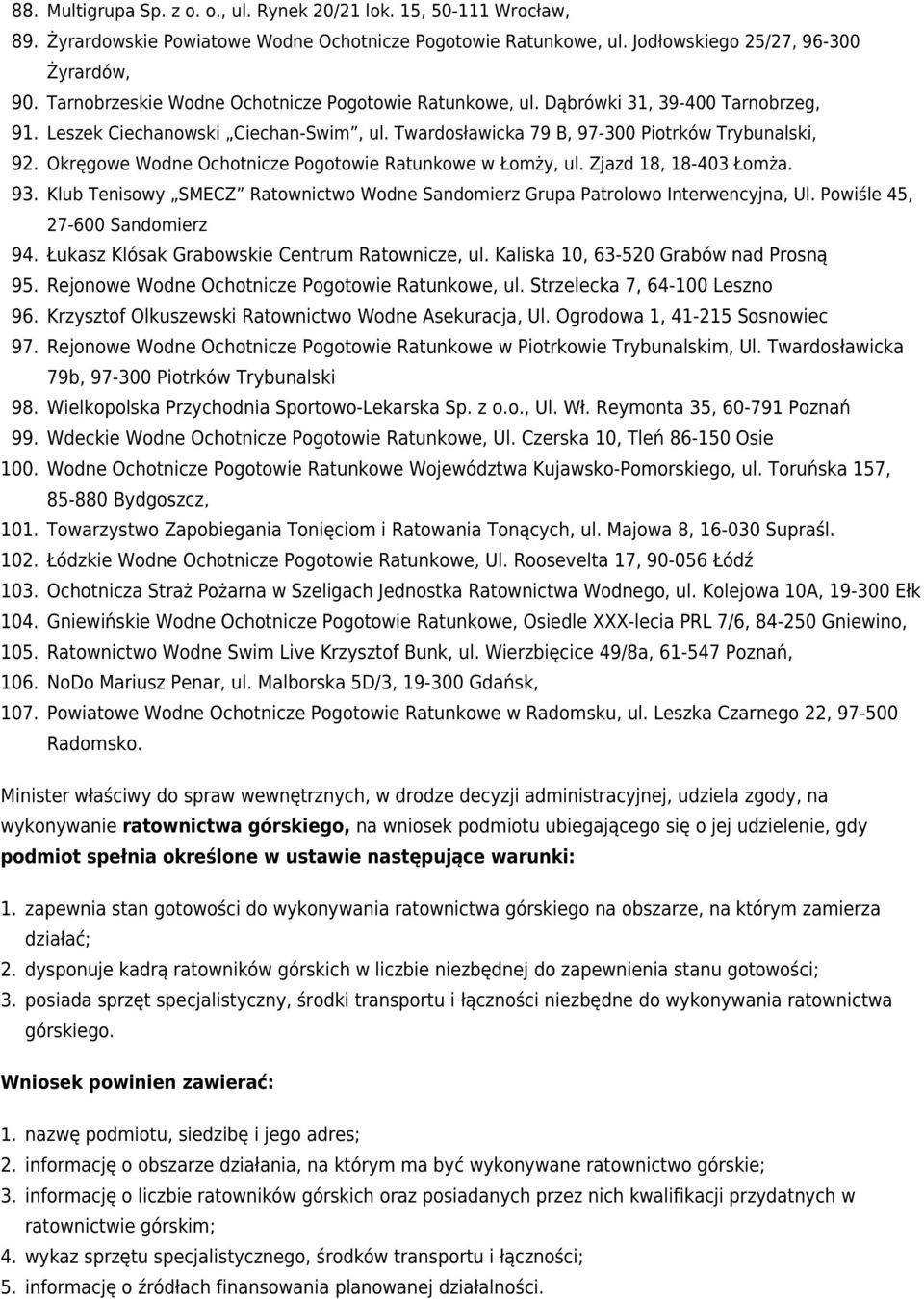 Twardosławicka 79 B, 97-300 Piotrków Trybunalski, 9 Okręgowe Wodne Ochotnicze Pogotowie Ratunkowe w Łomży, ul. Zjazd 18, 18-403 Łomża. 93.