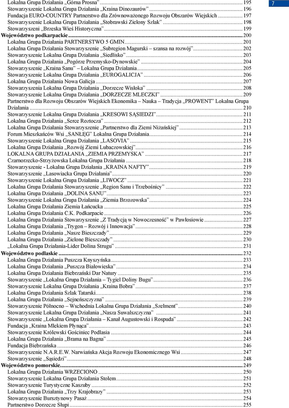 ..201 Lokalna Grupa Działania Subregion Magurski szansa na rozwój...202 Lokalna Grupa Działania Siedlisko...203 Lokalna Grupa Działania Pogórze Przemysko-Dynowskie.