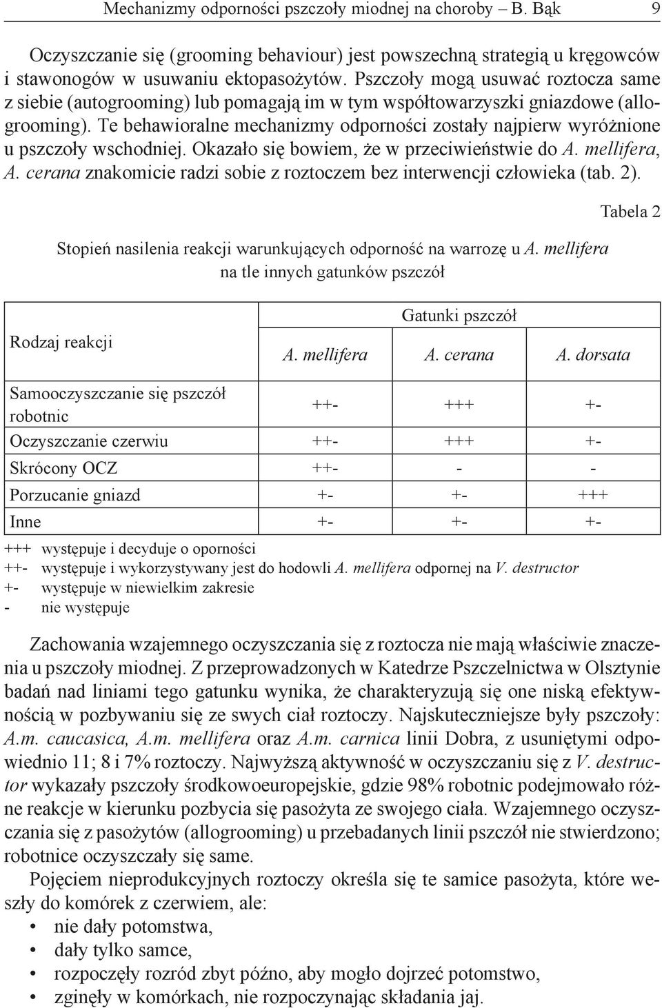 Te behawioralne mechanizmy odporności zostały najpierw wyróżnione u pszczoły wschodniej. Okazało się bowiem, że w przeciwieństwie do A. mellifera, A.