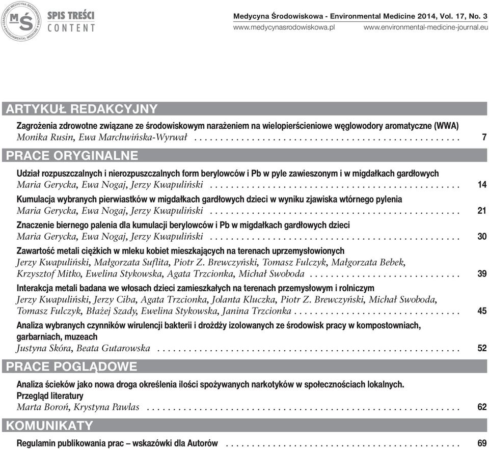 .................................................. 7 PRACE ORYGINALNE Udział rozpuszczalnych i nierozpuszczalnych form berylowców i Pb w pyle zawieszonym i w migdałkach gardłowych Maria Gerycka, Ewa Nogaj, Jerzy Kwapuliński.