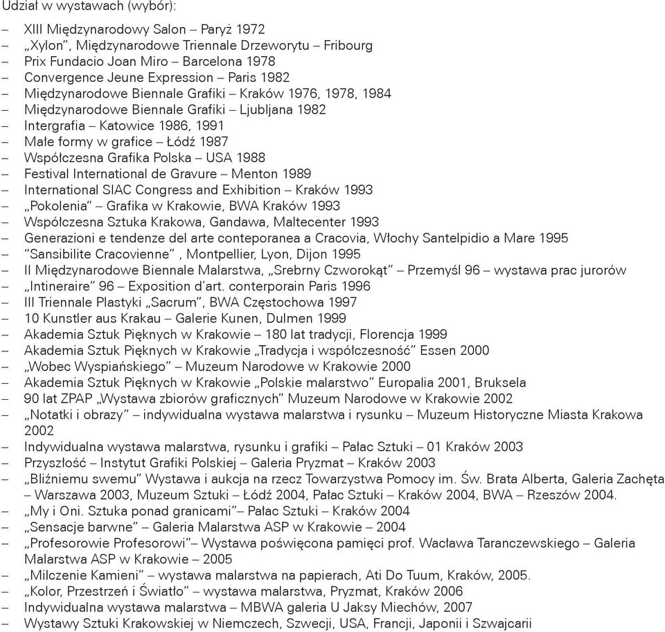 1988 Festival International de Gravure Menton 1989 International SIAC Congress and Exhibition Kraków 1993 Pokolenia Grafika w Krakowie, BWA Kraków 1993 Współczesna Sztuka Krakowa, Gandawa,