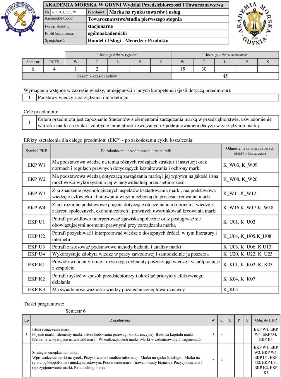 studiów 45 Wymagania wstępne w zakresie wiedzy, umiejętności i innych kompetencji (jeśli dotyczą przedmiotu): 1 Podstawy wiedzy z zarządzania i marketingu Cele przedmiotu: 1 Celem przedmiotu jest