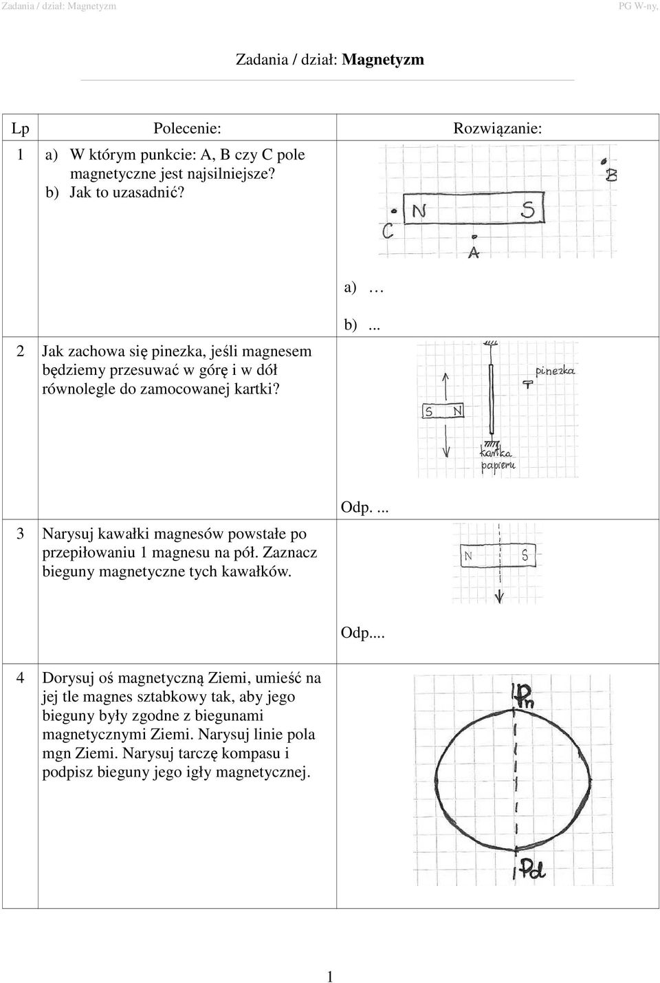 .. 3 Narysuj kawałki magnesów powstałe po przepiłowaniu 1 magnesu na pół. Zaznacz bieguny magnetyczne tych kawałków. Odp.