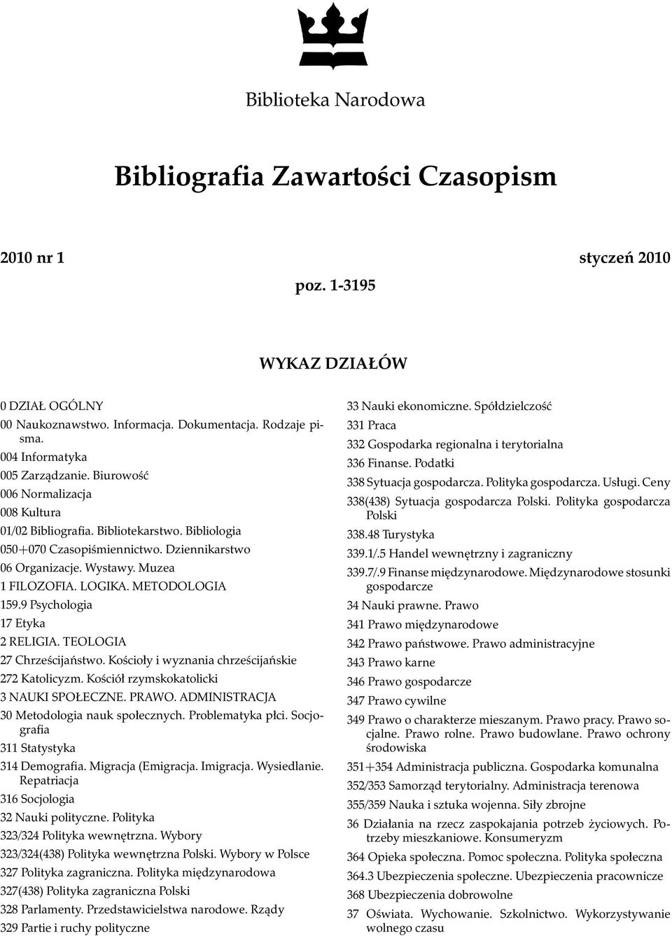 Muzea 1 FILOZOFIA. LOGIKA. METODOLOGIA 159.9 Psychologia 17 Etyka 2 RELIGIA. TEOLOGIA 27 Chrześcijaństwo. Kościoły i wyznania chrześcijańskie 272 Katolicyzm.