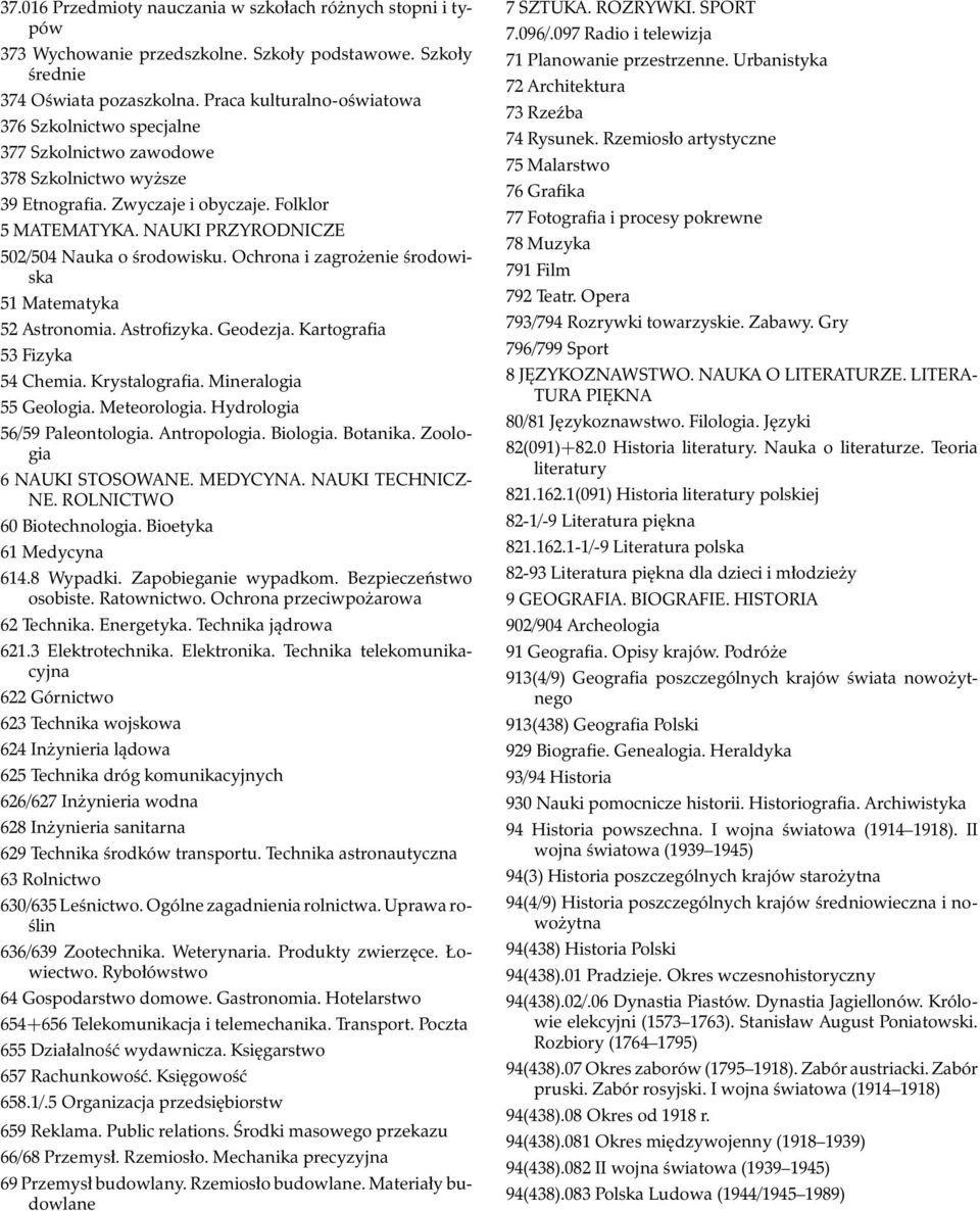 NAUKI PRZYRODNICZE 502/504 Nauka o środowisku. Ochrona i zagrożenie środowiska 51 Matematyka 52 Astronomia. Astrofizyka. Geodezja. Kartografia 53 Fizyka 54 Chemia. Krystalografia.