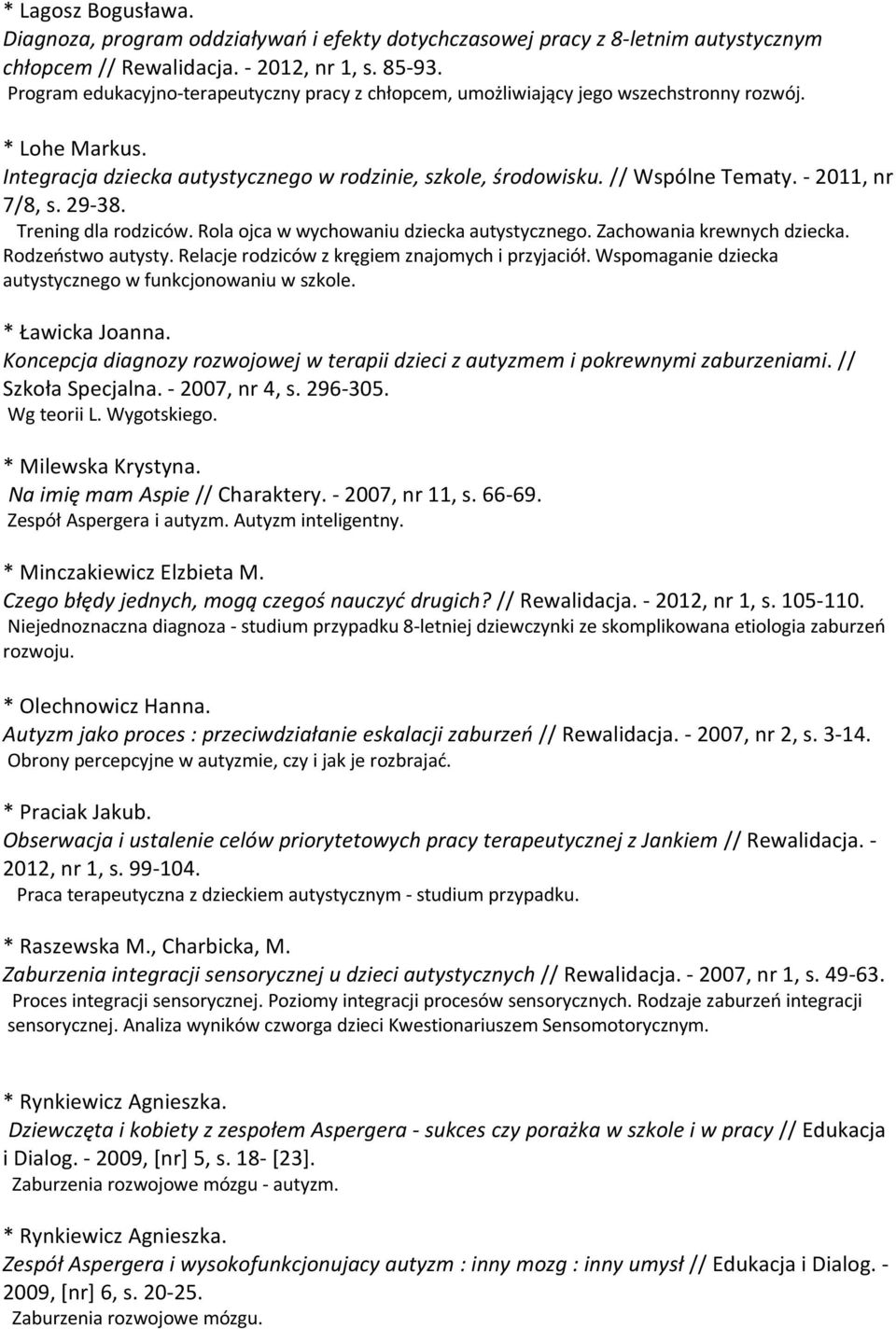 - 2011, nr 7/8, s. 29-38. Trening dla rodziców. Rola ojca w wychowaniu dziecka autystycznego. Zachowania krewnych dziecka. Rodzeństwo autysty. Relacje rodziców z kręgiem znajomych i przyjaciół.