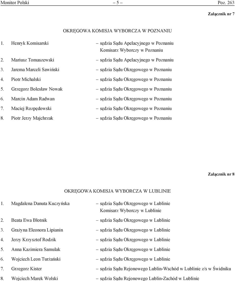 Grzegorz Bolesław Nowak sędzia Sądu Okręgowego w Poznaniu 6. Marcin Adam Radwan sędzia Sądu Okręgowego w Poznaniu 7. Maciej Rozpędowski sędzia Sądu Okręgowego w Poznaniu 8.