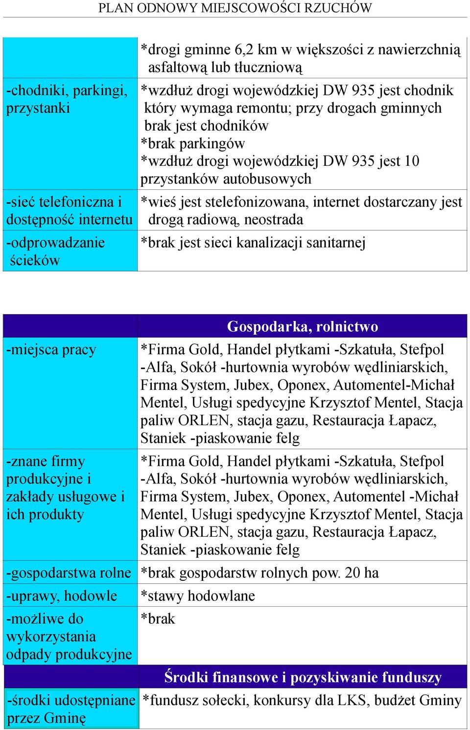 internet dostarczany jest drogą radiową, neostrada *brak jest sieci kanalizacji sanitarnej -miejsca pracy -znane firmy produkcyjne i zakłady usługowe i ich produkty Gospodarka, rolnictwo *Firma Gold,