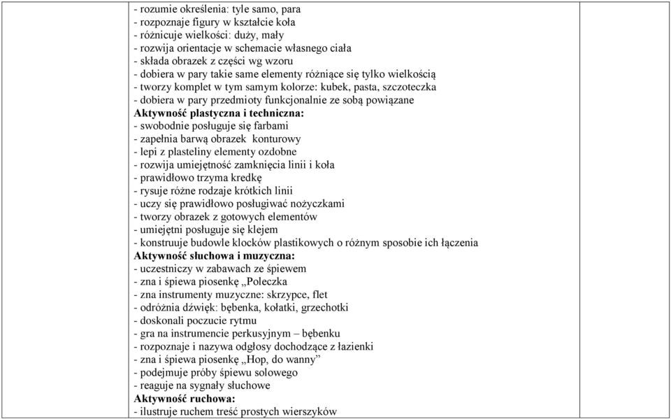 plastyczna i techniczna: - swobodnie posługuje się farbami - zapełnia barwą obrazek konturowy - lepi z plasteliny elementy ozdobne - rozwija umiejętność zamknięcia linii i koła - prawidłowo trzyma