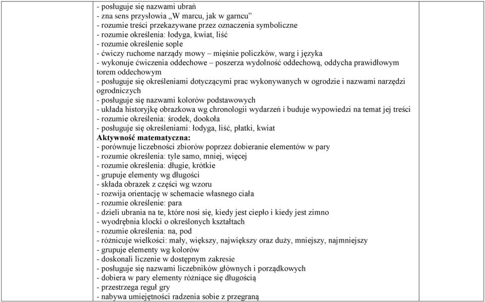 dotyczącymi prac wykonywanych w ogrodzie i nazwami narzędzi ogrodniczych - posługuje się nazwami kolorów podstawowych - układa historyjkę obrazkowa wg chronologii wydarzeń i buduje wypowiedzi na