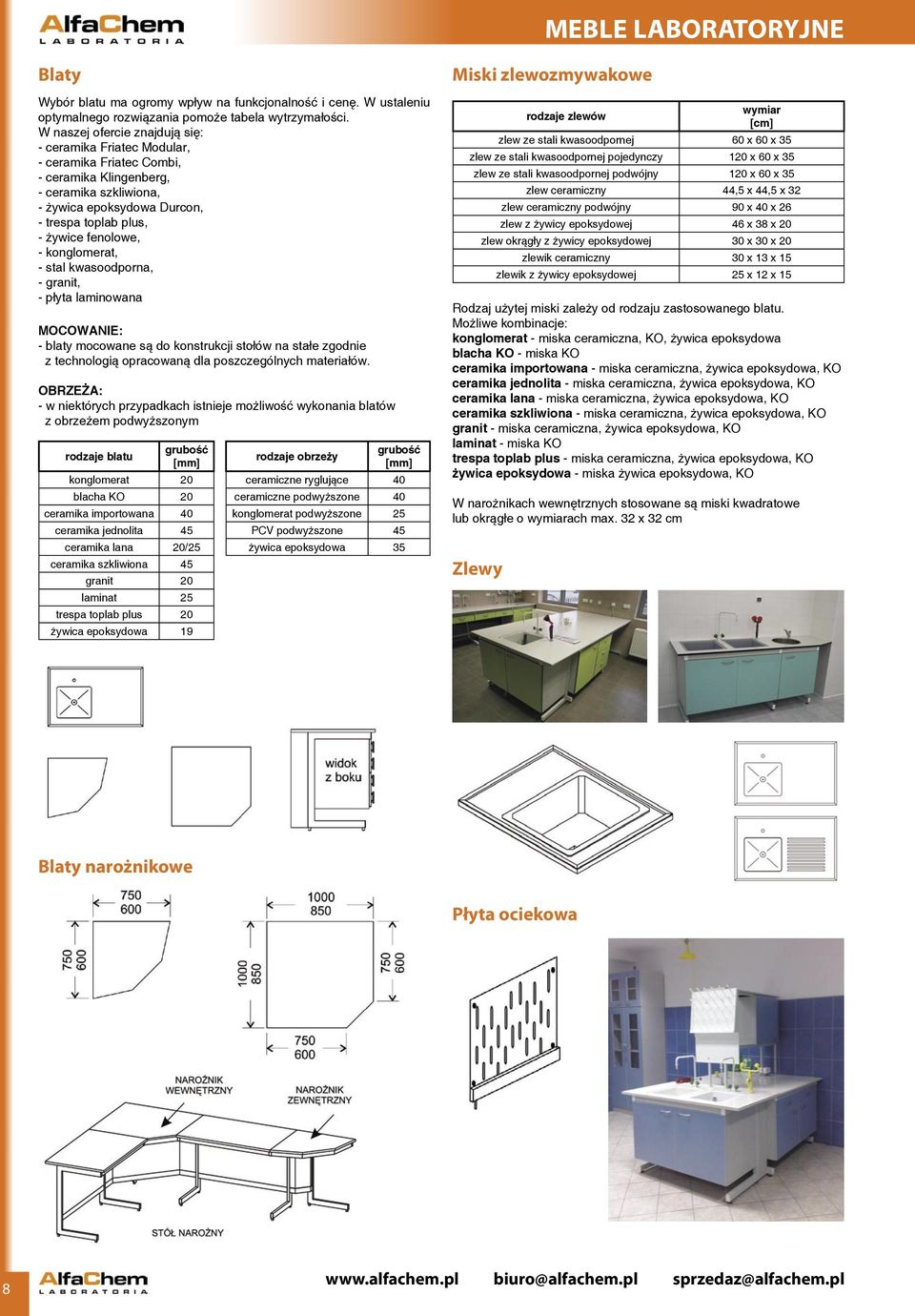 fenolowe, - konglomerat, - stal kwasoodporna, - granit, - płyta laminowana MOCOWANIE: - blaty mocowane są do konstrukcji stołów na stałe zgodnie z technologią opracowaną dla poszczególnych materiałów.