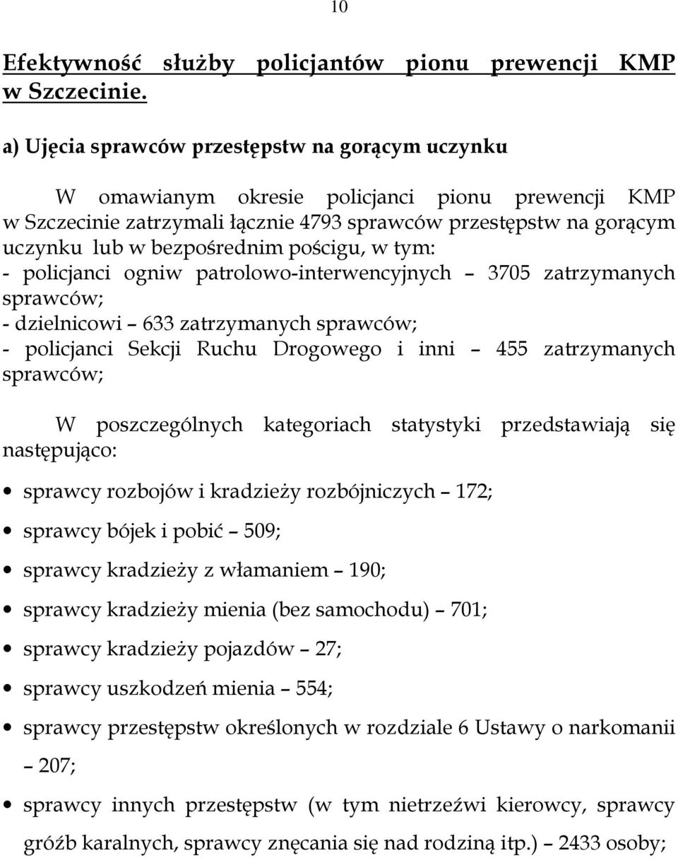 pościgu, w tym: - policjanci ogniw patrolowo-interwencyjnych 3705 zatrzymanych sprawców; - dzielnicowi 633 zatrzymanych sprawców; - policjanci Sekcji Ruchu Drogowego i inni 455 zatrzymanych sprawców;