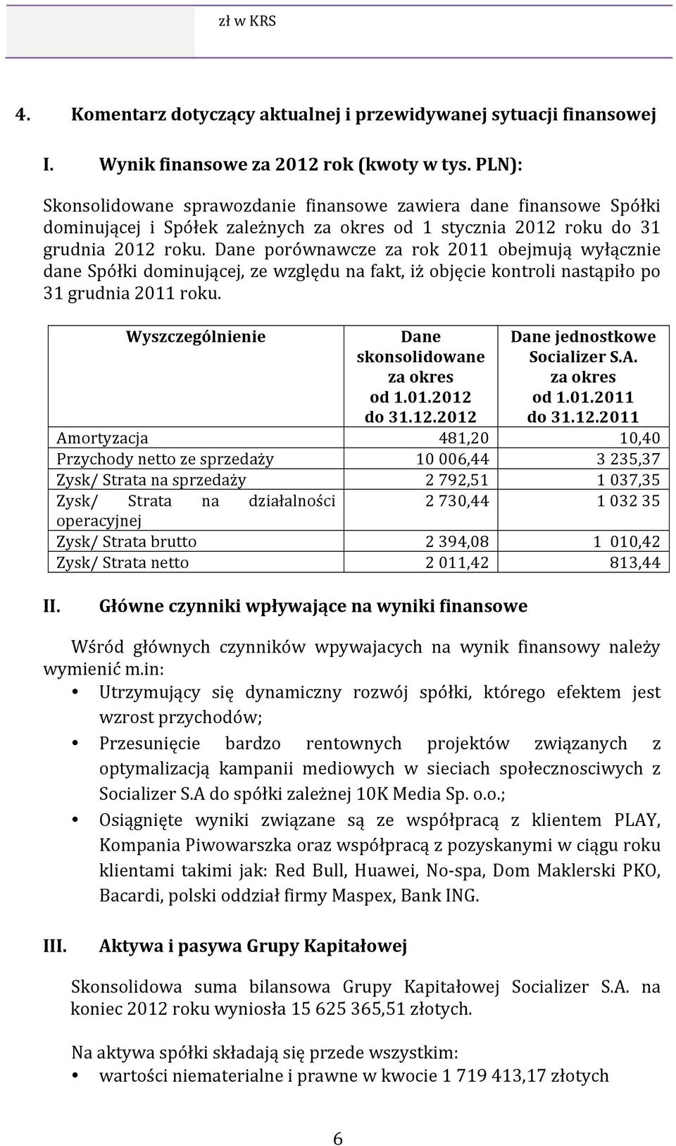 Dane porównawcze za rok 2011 obejmują wyłącznie dane Spółki dominującej, ze względu na fakt, iż objęcie kontroli nastąpiło po 31 grudnia 2011 roku. Wyszczególnienie Dane skonsolidowane za okres od 1.