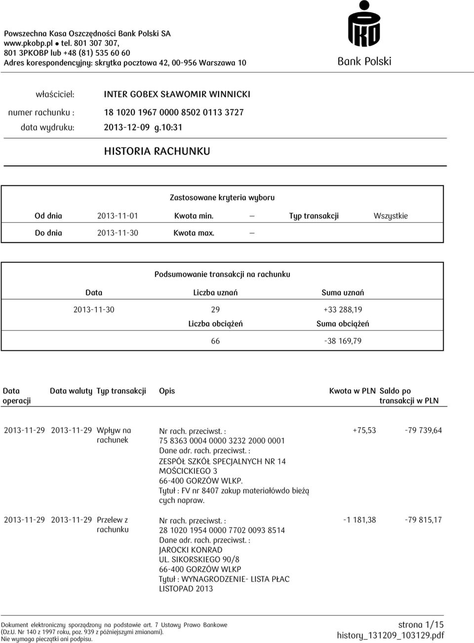 Zastosowane kryteria wyboru Od dnia 2013-11-01 Kwota min. Typ transakcji Wszystkie Do dnia 2013-11-30 Kwota max.