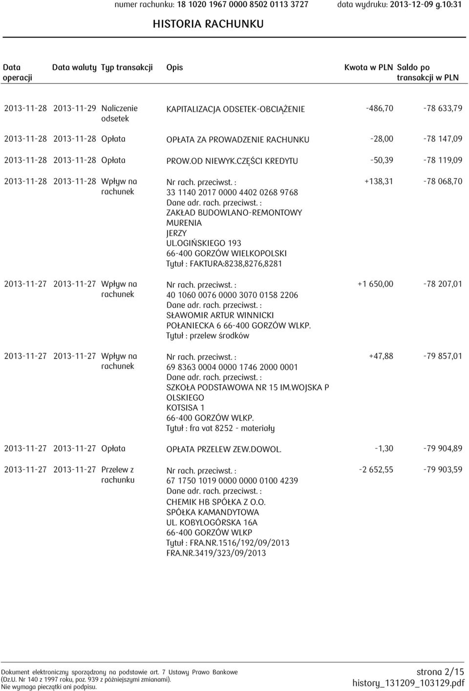 CZĘŚCI KREDYTU -50,39-78 119,09 2013-11-28 2013-11-28 Wpływ na 2013-11-27 2013-11-27 Wpływ na 2013-11-27 2013-11-27 Wpływ na 33 1140 2017 0000 4402 0268 9768 ZAKŁAD BUDOWLANO-REMONTOWY MURENIA JERZY