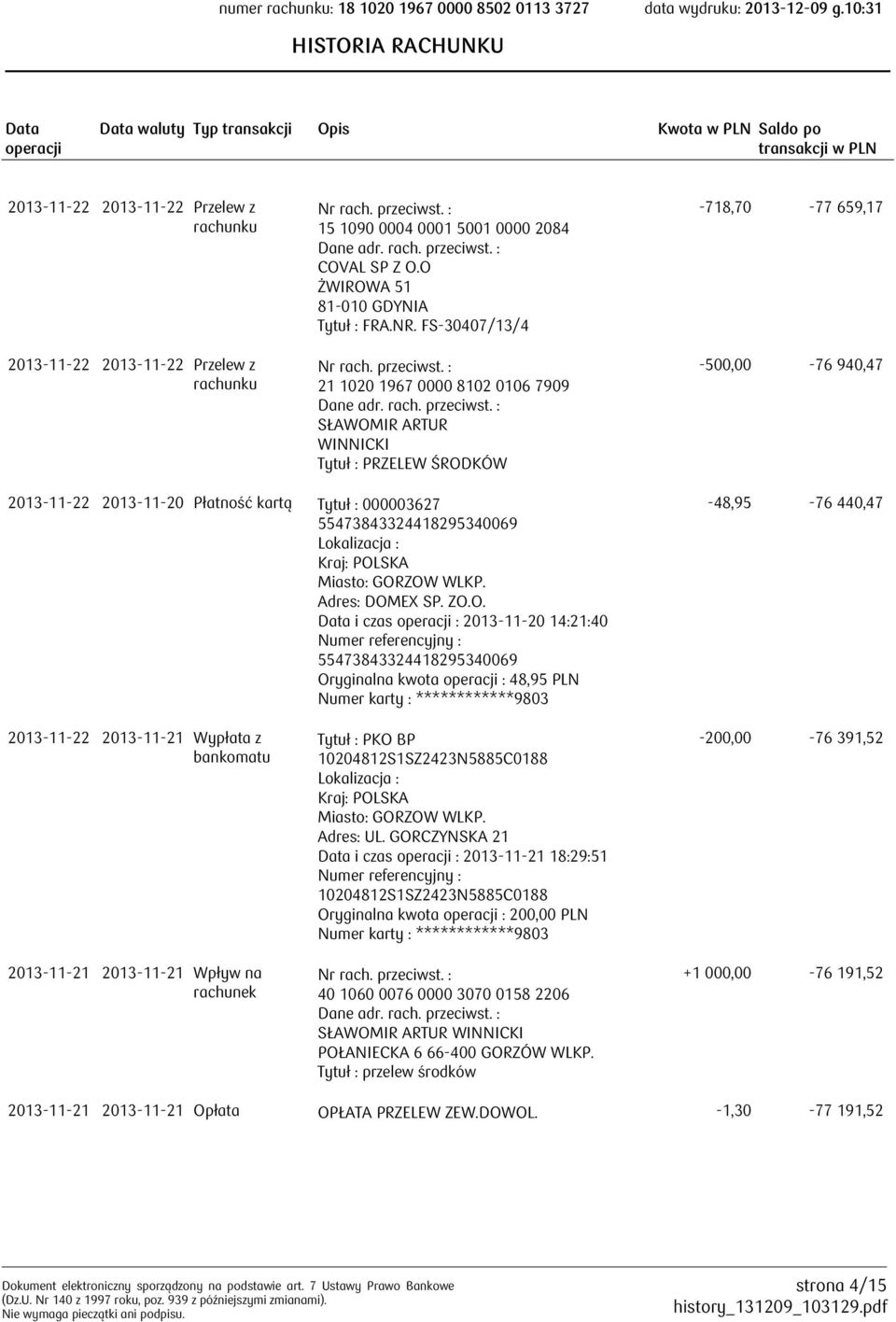 FS-30407/13/4 21 1020 1967 0000 8102 0106 7909 SŁAWOMIR ARTUR WINNICKI Tytuł : PRZELEW ŚRODKÓW -718,70-77 659,17-500,00-76 940,47 2013-11-22 2013-11-20 Płatność kartą Tytuł : 000003627