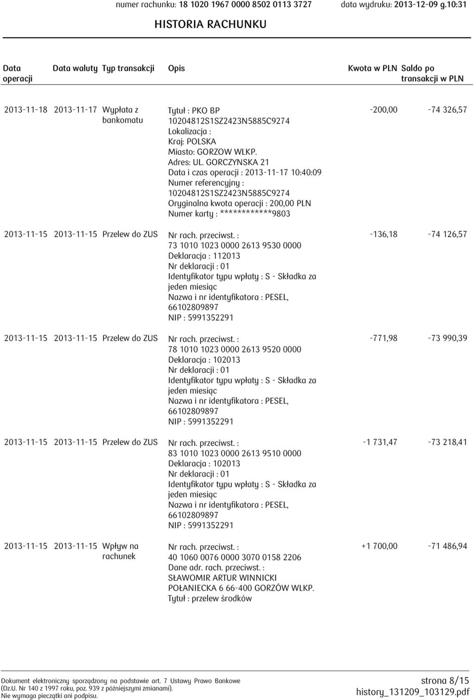 GORCZYNSKA 21 i czas : 2013-11-17 10:40:09 Numer referencyjny : 10204812S1SZ2423N5885C9274 Oryginalna kwota : 200,00 PLN Numer karty : ************9803-200,00-74 326,57 2013-11-15 2013-11-15 Przelew