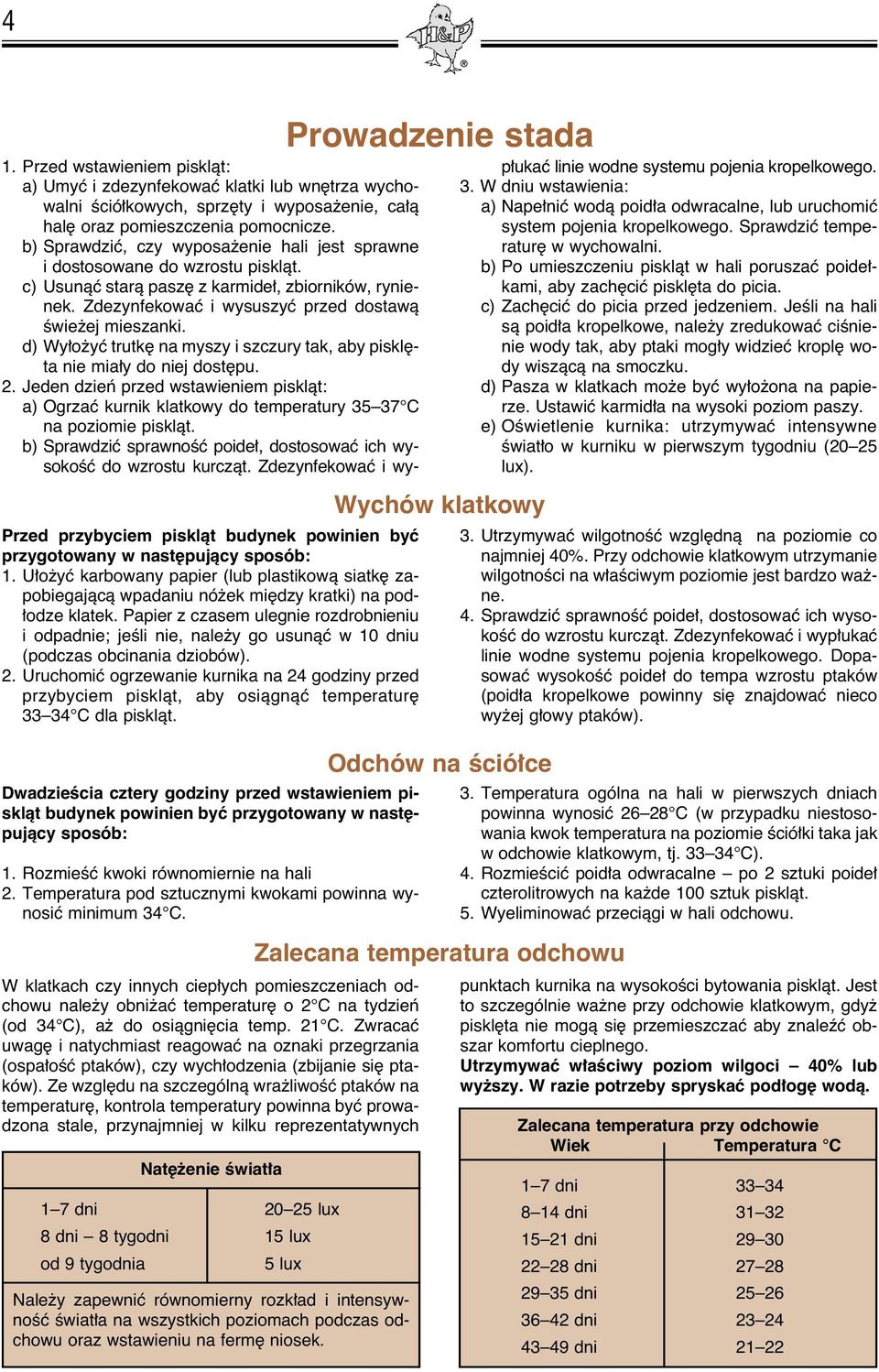 . Uruchomiç ogrzewanie kurnika na godziny przed przybyciem pisklàt, aby osiàgnàç temperatur 33 3 C dla pisklàt.