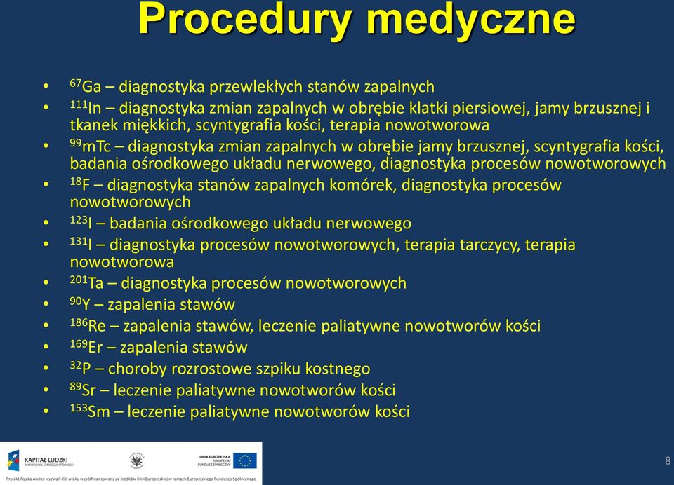 komórek, diagnostyka procesów nowotworowych 123 I badania ośrodkowego układu nerwowego 131 I diagnostyka procesów nowotworowych, terapia tarczycy, terapia nowotworowa 201 Ta diagnostyka procesów