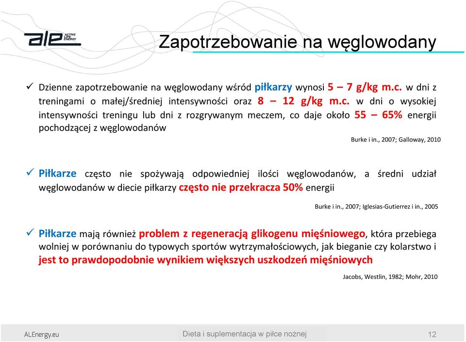 , 2007; Galloway, 2010 Piłkarze często nie spożywają odpowiedniej ilości węglowodanów, a średni udział węglowodanów w diecie piłkarzy często nie przekracza 50% energii Burke i in.