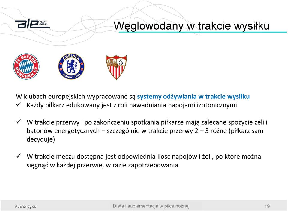 zalecane spożycie żeli i batonów energetycznych szczególnie w trakcie przerwy 2 3 różne (piłkarz sam decyduje) W