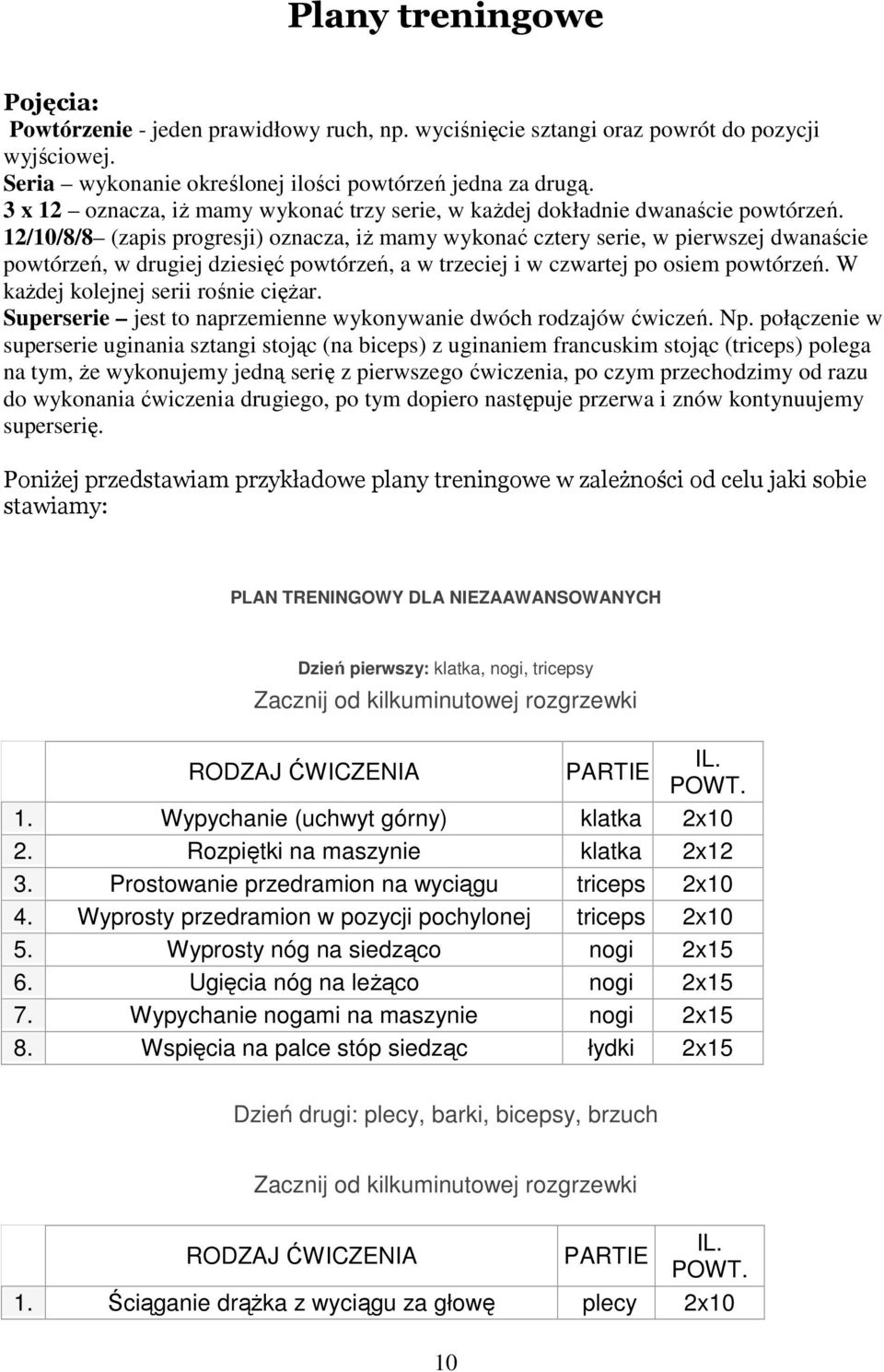 12/10/8/8 (zapis progresji) oznacza, iŝ mamy wykonać cztery serie, w pierwszej dwanaście powtórzeń, w drugiej dziesięć powtórzeń, a w trzeciej i w czwartej po osiem powtórzeń.