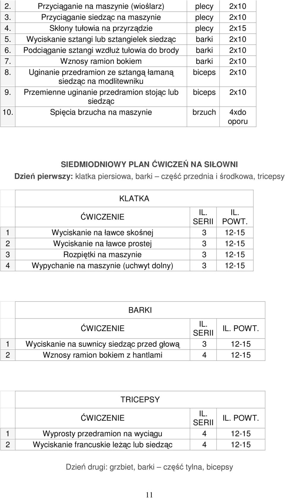 Przemienne uginanie przedramion stojąc lub biceps 2x10 siedząc 10.