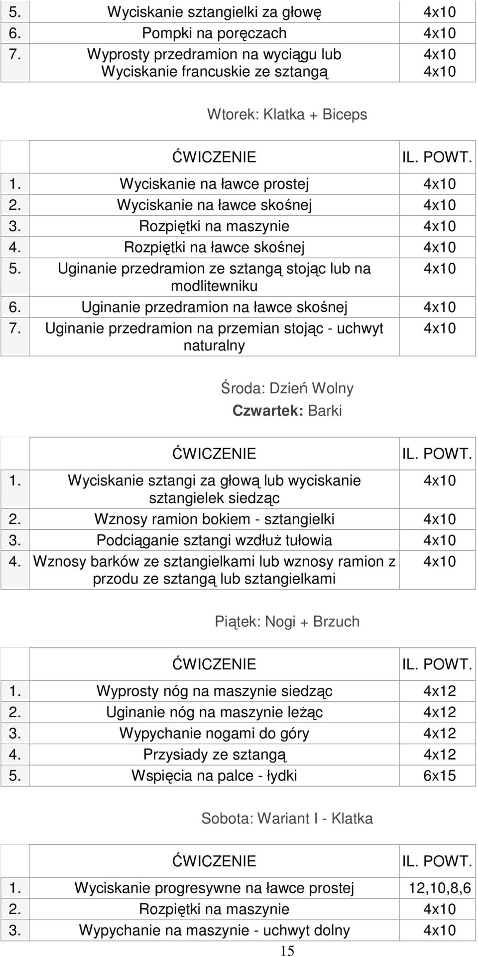 Uginanie przedramion ze sztangą stojąc lub na 4x10 modlitewniku 6. Uginanie przedramion na ławce skośnej 4x10 7.