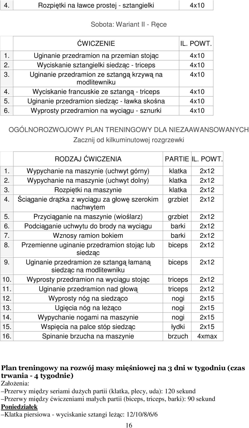 Wyprosty przedramion na wyciągu - sznurki 4x10 OGÓLNOROZWOJOWY PLAN TRENINGOWY DLA NIEZAAWANSOWANYCH Zacznij od kilkuminutowej rozgrzewki RODZAJ ĆWICZENIA PARTIE IL. POWT. 1.