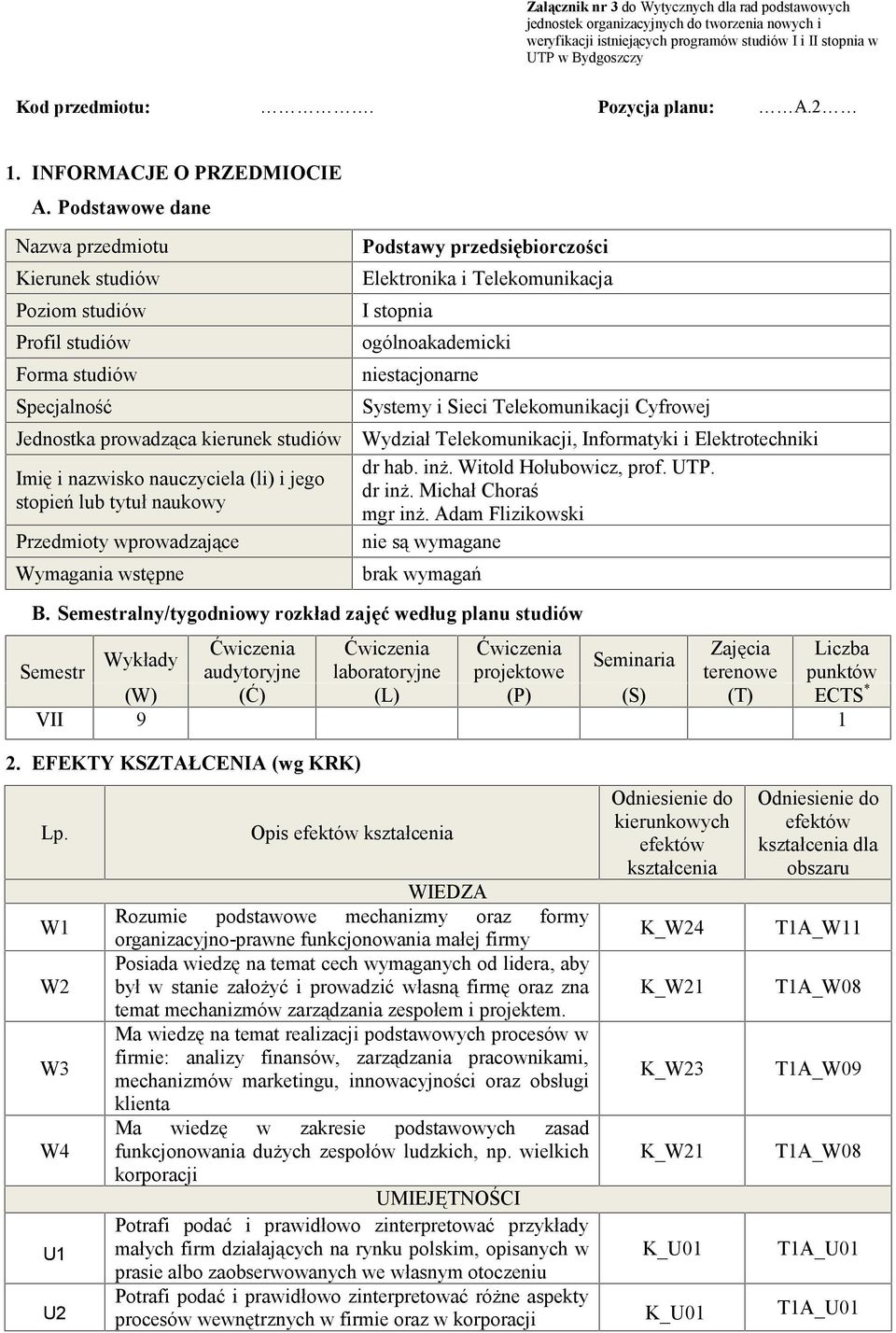 Podstawowe dane Nazwa przedmiotu Kierunek studiów Poziom studiów Profil studiów Forma studiów Specjalność Jednostka prowadząca kierunek studiów Imię i nazwisko nauczyciela (li) i jego stopień lub