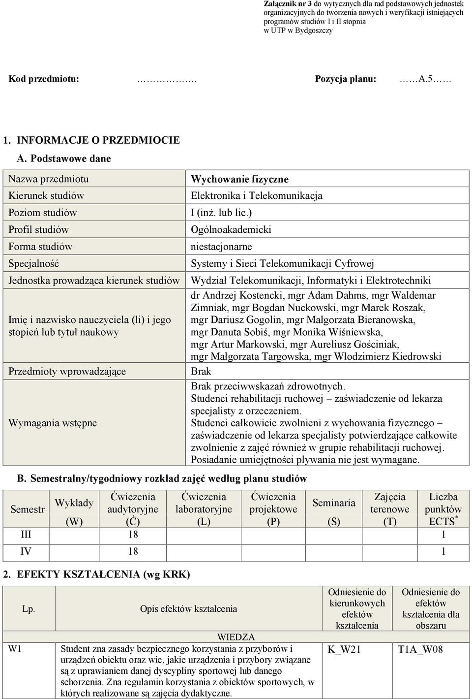 tytuł naukowy Przedmioty wprowadzające Wymagania wstępne Wychowanie fizyczne Elektronika i Telekomunikacja I (inż. lub lic.) Ogólnoakademicki niestacjonarne Systemy i Sieci Telekomunikacji Cyfrowej B.