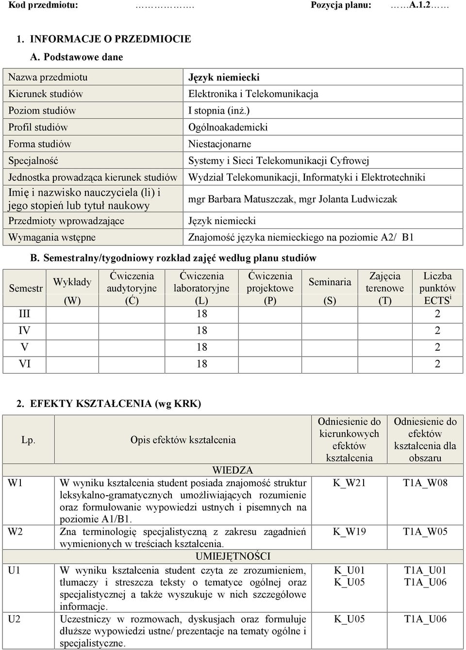 tytuł naukowy Przedmioty wprowadzające Wymagania wstępne Język niemiecki Elektronika i Telekomunikacja I stopnia (inż.