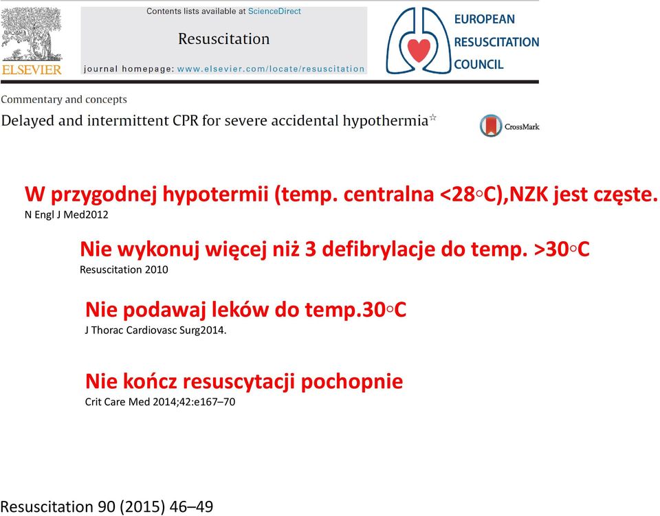 >30 C Resuscitation 2010 Nie podawaj leków do temp.