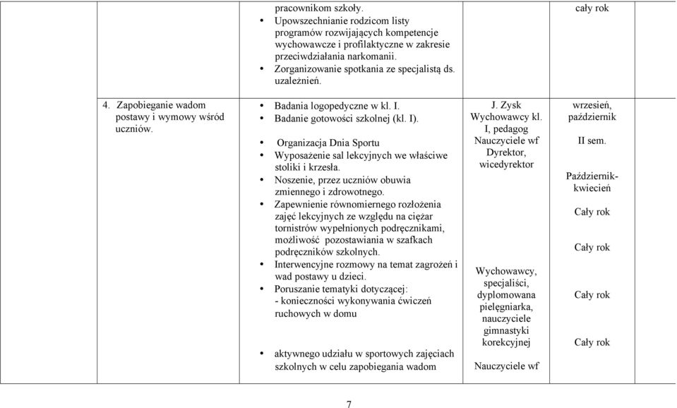 Organizacja Dnia Sportu Wyposażenie sal lekcyjnych we właściwe stoliki i krzesła. Noszenie, przez uczniów obuwia zmiennego i zdrowotnego.