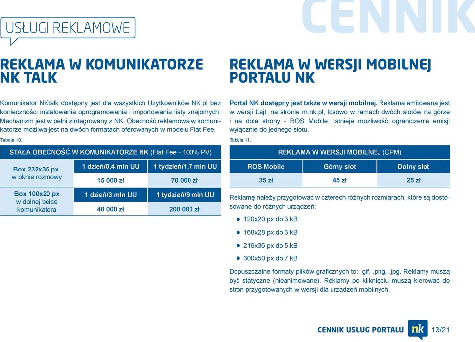 STAŁA OBECNOŚĆ W KOMUNIKATORZE NK (Flat Fee - 100% PV) Portal NK dostępny jest także w wersji mobilnej. Reklama emitowana jest w wersji Lajt, na stronie m.nk.