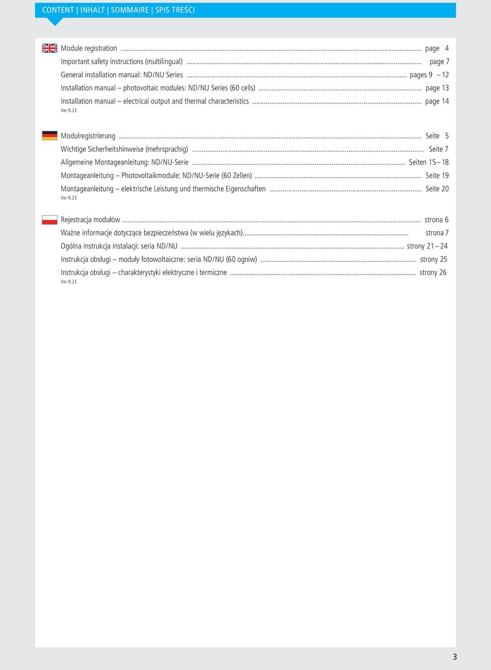 .. Seite 5 Wichtige Sicherheitshinweise (mehrsprachig)... Seite 7 Allgemeine Montageanleitung: ND / NU-Serie... Seiten 15 18 Montageanleitung Photovoltaikmodule: ND / NU-Serie (60 Zellen).