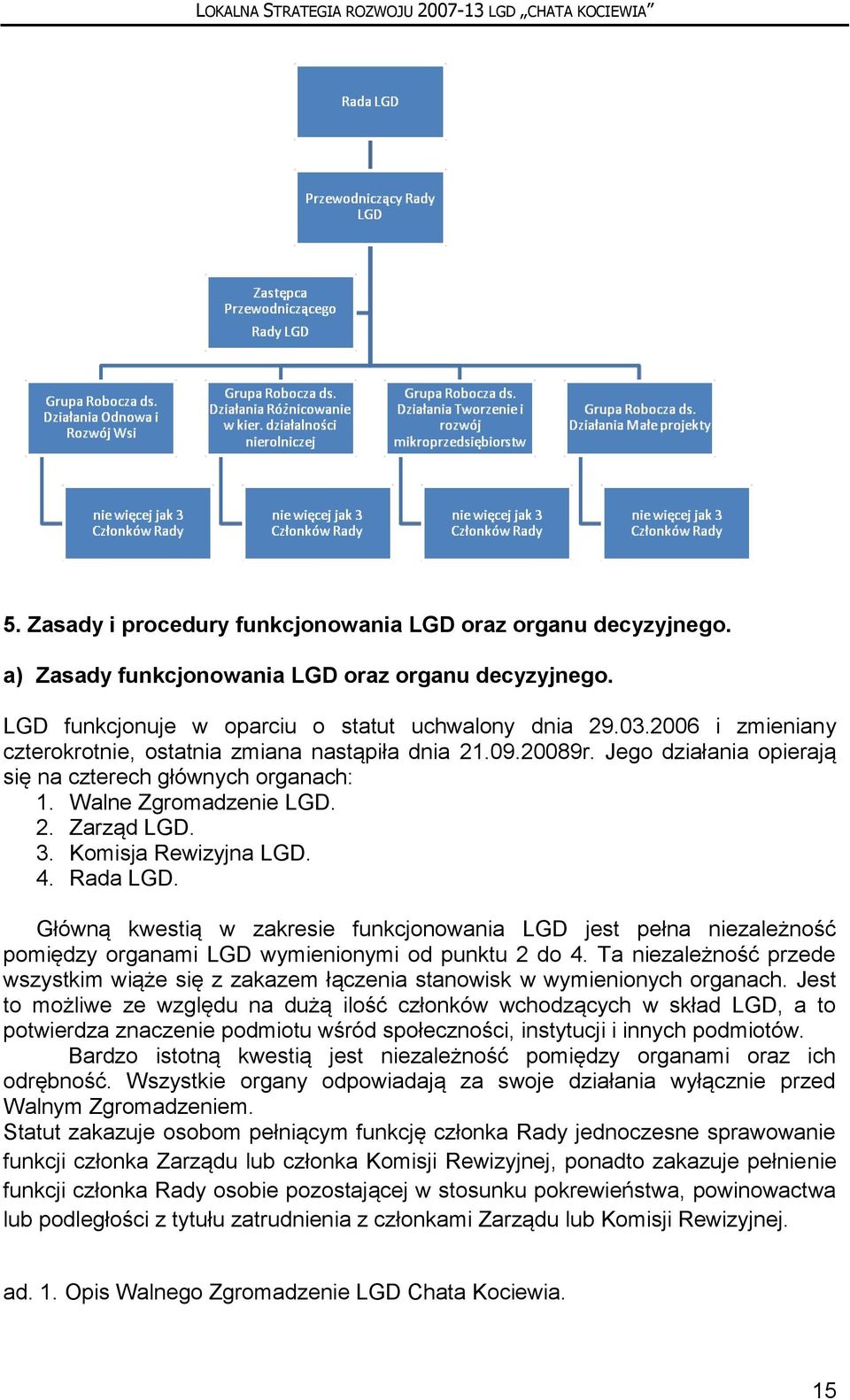 Komisja Rewizyjna LGD. 4. Rada LGD. Główną kwestią w zakresie funkcjonowania LGD jest pełna niezależność pomiędzy organami LGD wymienionymi od punktu 2 do 4.