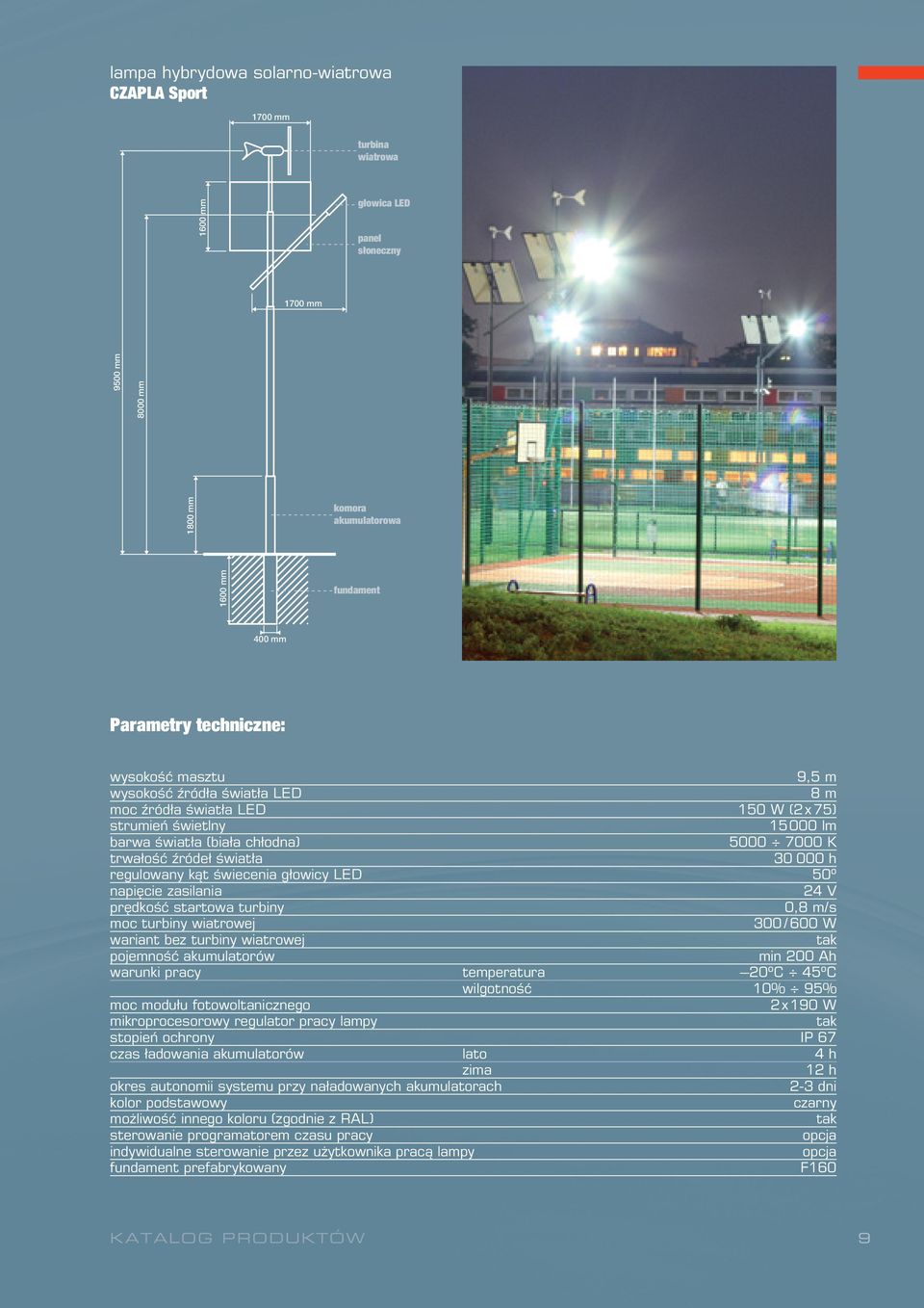 000 h regulowany kąt świecenia głowicy LED 50º napięcie zasilania 24 V prędkość startowa turbiny 0,8 m/s moc turbiny wiatrowej 300 / 600 W wariant bez turbiny wiatrowej tak pojemność akumulatorów min