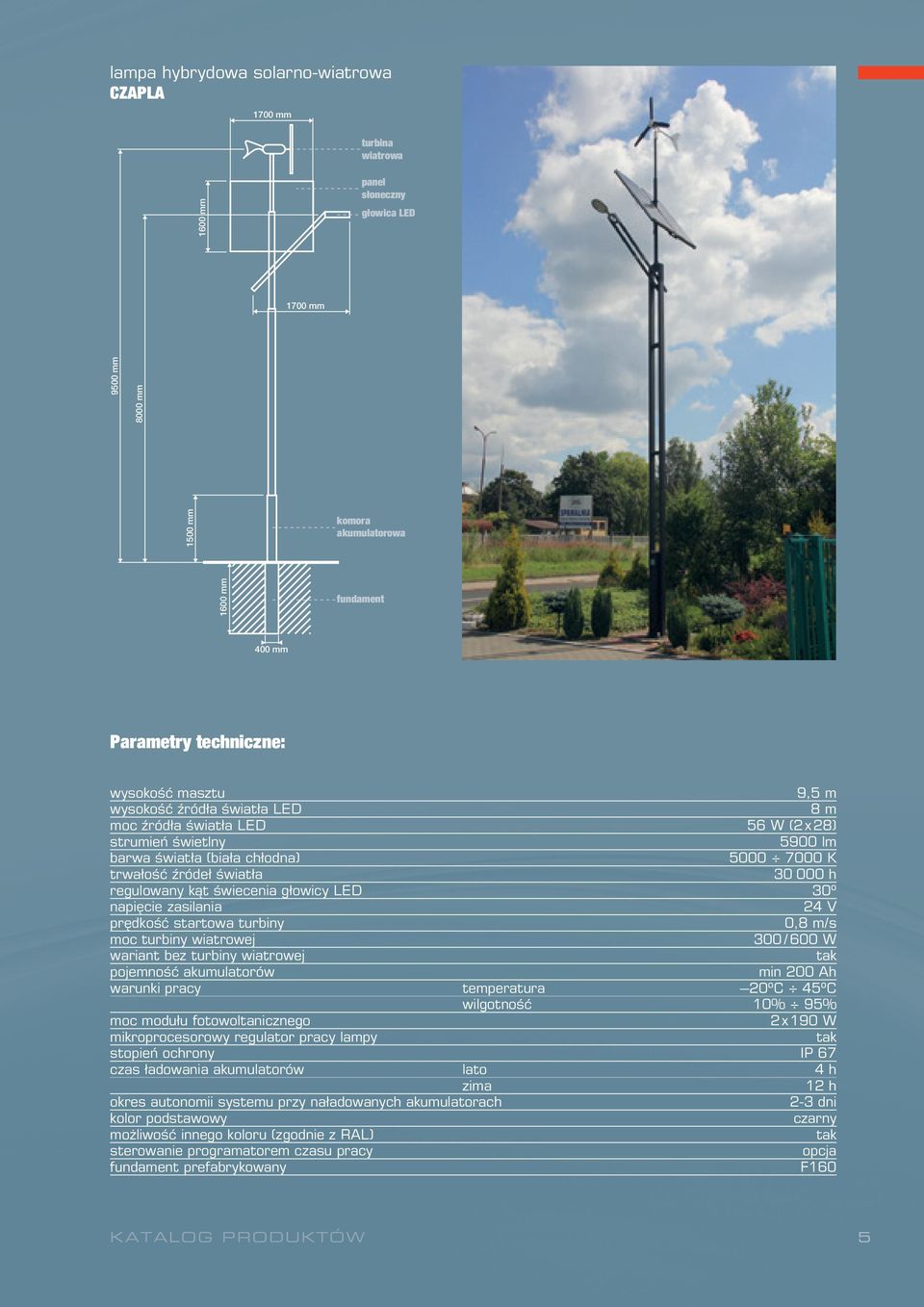 000 h regulowany kąt świecenia głowicy LED 30º napięcie zasilania 24 V prędkość startowa turbiny 0,8 m/s moc turbiny wiatrowej 300 / 600 W wariant bez turbiny wiatrowej tak pojemność akumulatorów min