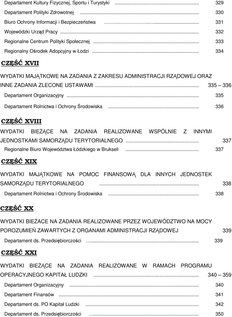 .. 334 CZĘŚĆ XVII WYDATKI MAJĄTKOWE NA ZADANIA Z ZAKRESU ADMINISTRACJI RZĄDOWEJ ORAZ INNE ZADANIA ZLECONE USTAWAMI... 335 336 Departament Organizacyjny... 335 Departament Rolnictwa i Ochrony Środowiska.