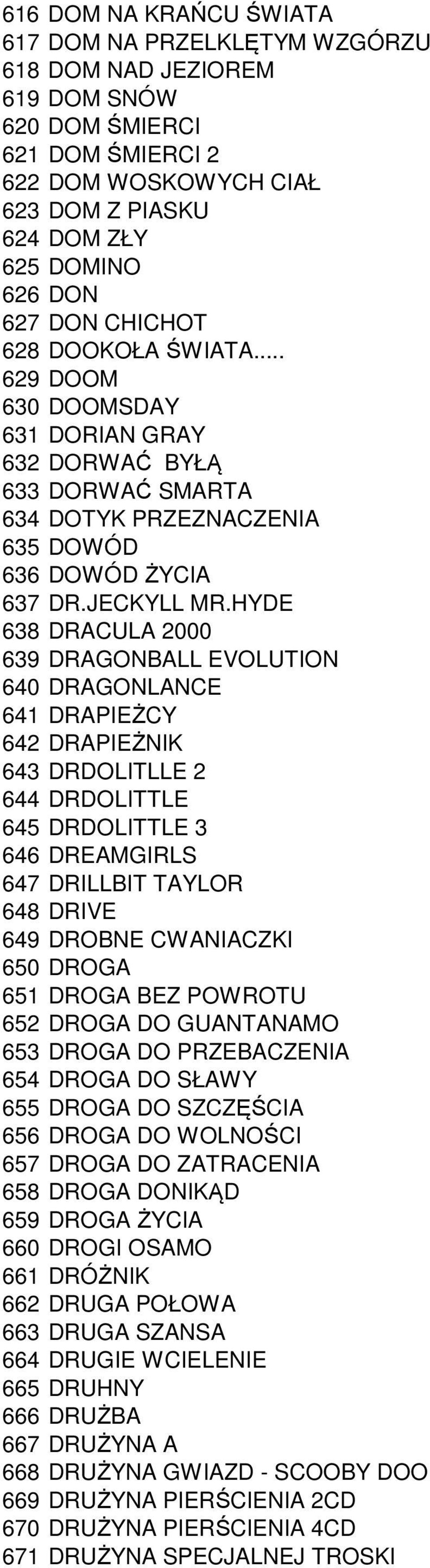 HYDE 638 DRACULA 2000 639 DRAGONBALL EVOLUTION 640 DRAGONLANCE 641 DRAPIEŻCY 642 DRAPIEŻNIK 643 DRDOLITLLE 2 644 DRDOLITTLE 645 DRDOLITTLE 3 646 DREAMGIRLS 647 DRILLBIT TAYLOR 648 DRIVE 649 DROBNE