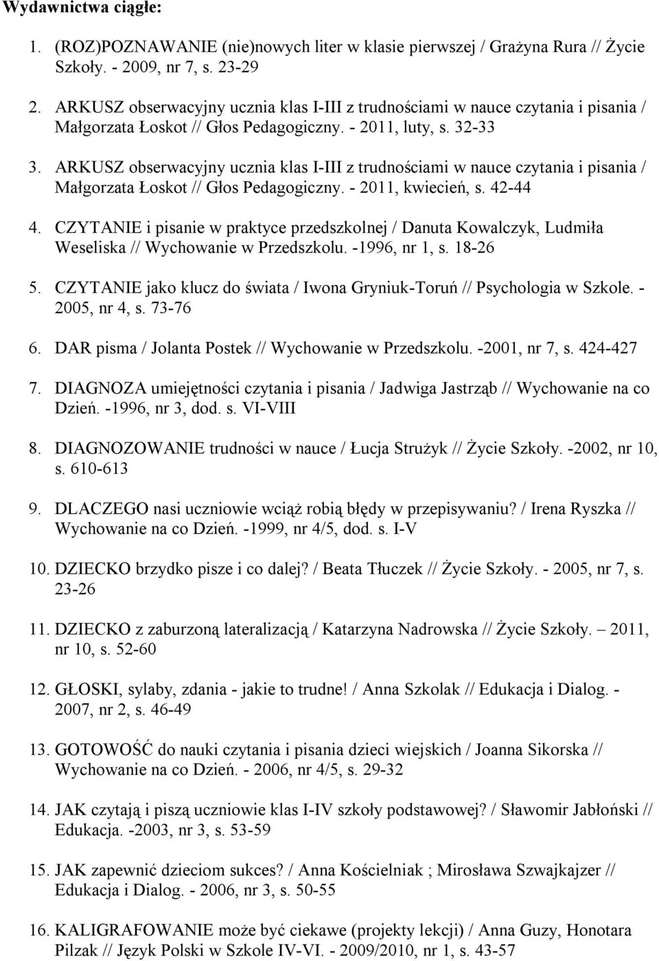 ARKUSZ obserwacyjny ucznia klas I-III z trudnościami w nauce czytania i pisania / Małgorzata Łoskot // Głos Pedagogiczny. - 2011, kwiecień, s. 42-44 4.