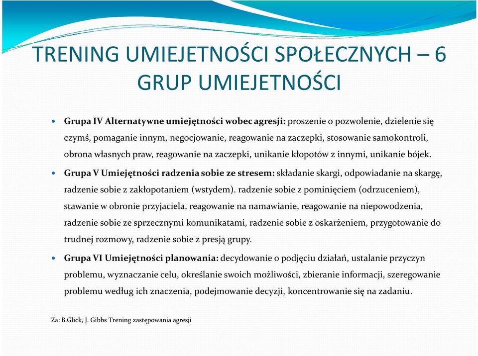 Grupa V Umiejętności radzenia sobie ze stresem:składanie skargi, odpowiadanie na skargę, radzenie sobie z zakłopotaniem (wstydem).