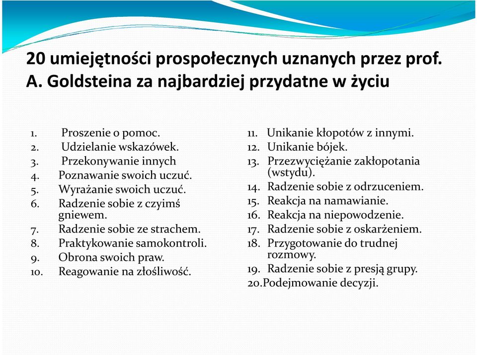 10. Reagowanie na złośliwość. 11. Unikanie kłopotów z innymi. 12. Unikanie bójek. 13. Przezwyciężanie zakłopotania (wstydu). 14. Radzenie sobie z odrzuceniem. 15.