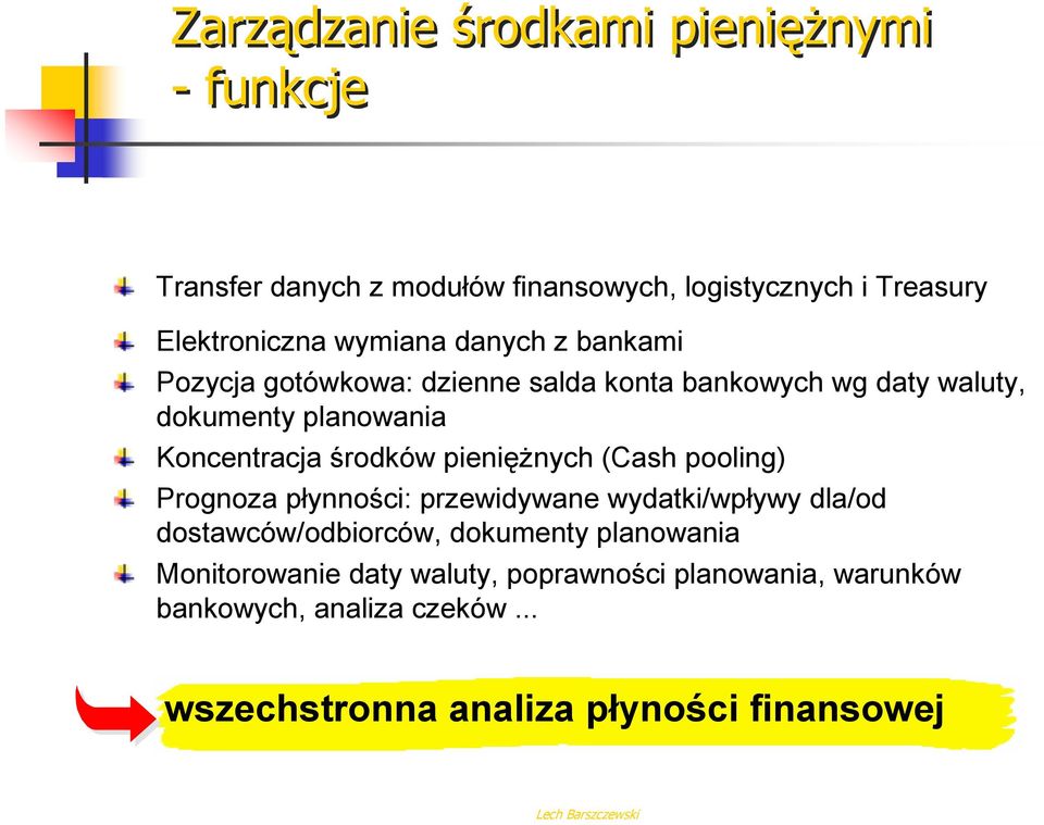 środków pieniężnych (Cash pooling) Prognoza płynności: przewidywane wydatki/wpływy dla/od dostawców/odbiorców, dokumenty