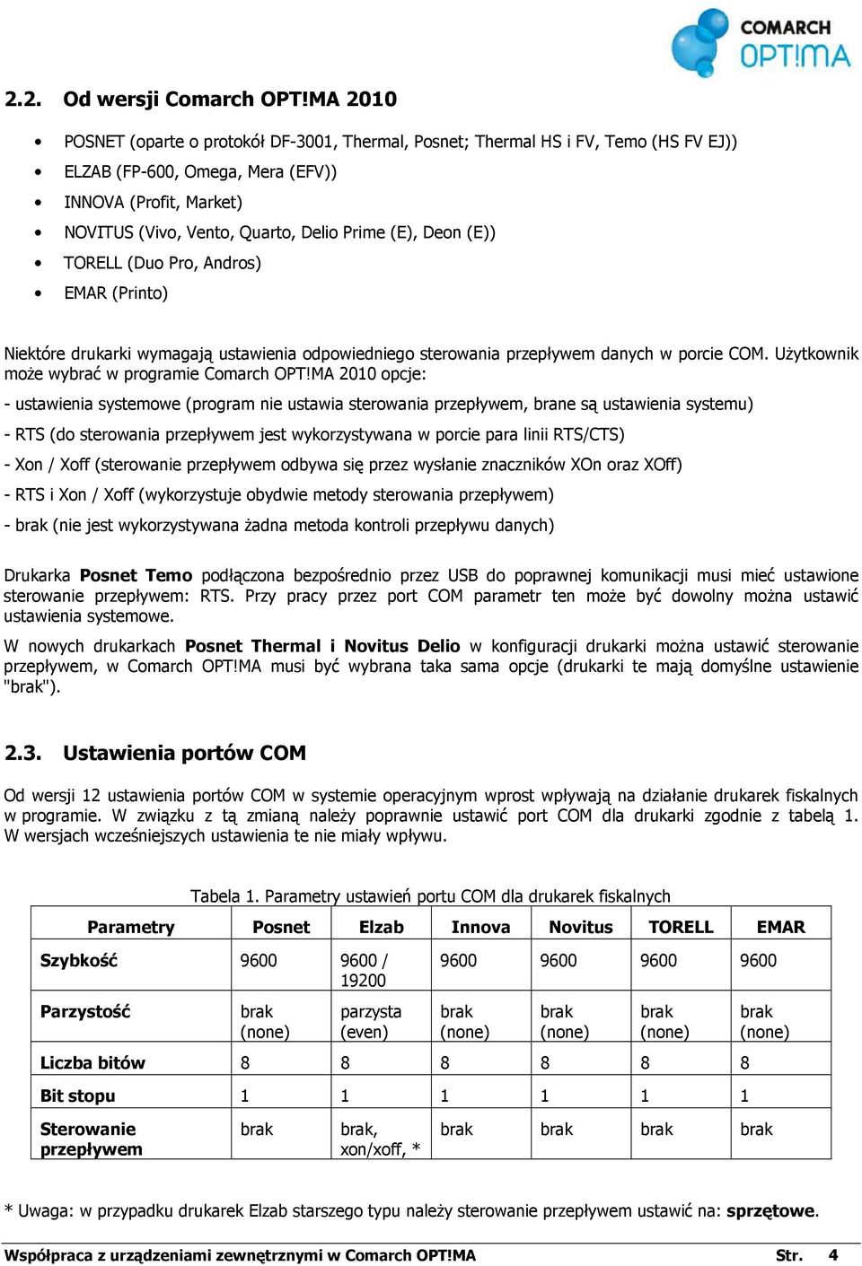 Deon (E)) TORELL (Duo Pro, Andros) EMAR (Printo) Niektóre drukarki wymagają ustawienia odpowiedniego sterowania przepływem danych w porcie COM. Użytkownik może wybrać w programie Comarch OPT!